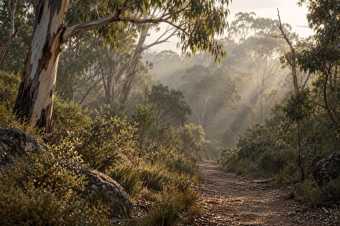 A walking track winding through misty eucalypt bushland in soft morning light