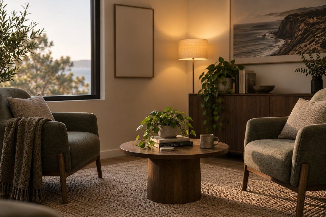 Two armchairs facing each other across a low timber table in a warmly lit room