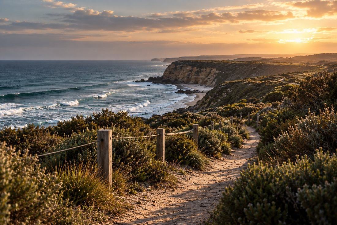 A clifftop walking track through coastal scrub towards the sea at sunset