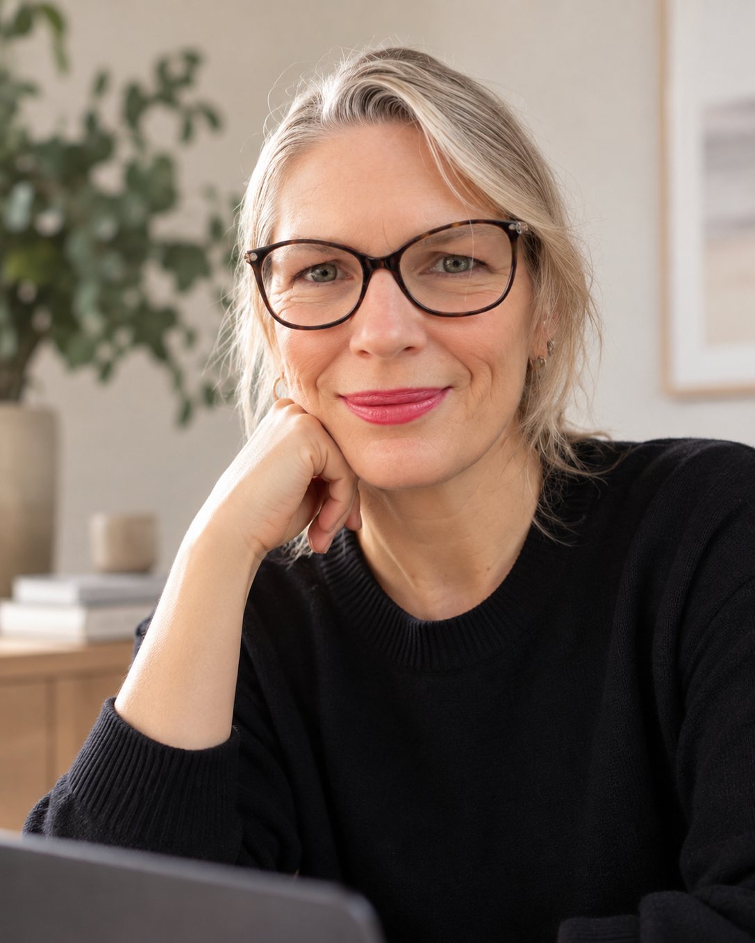 Karen Tepper, psychologist, smiling at her desk