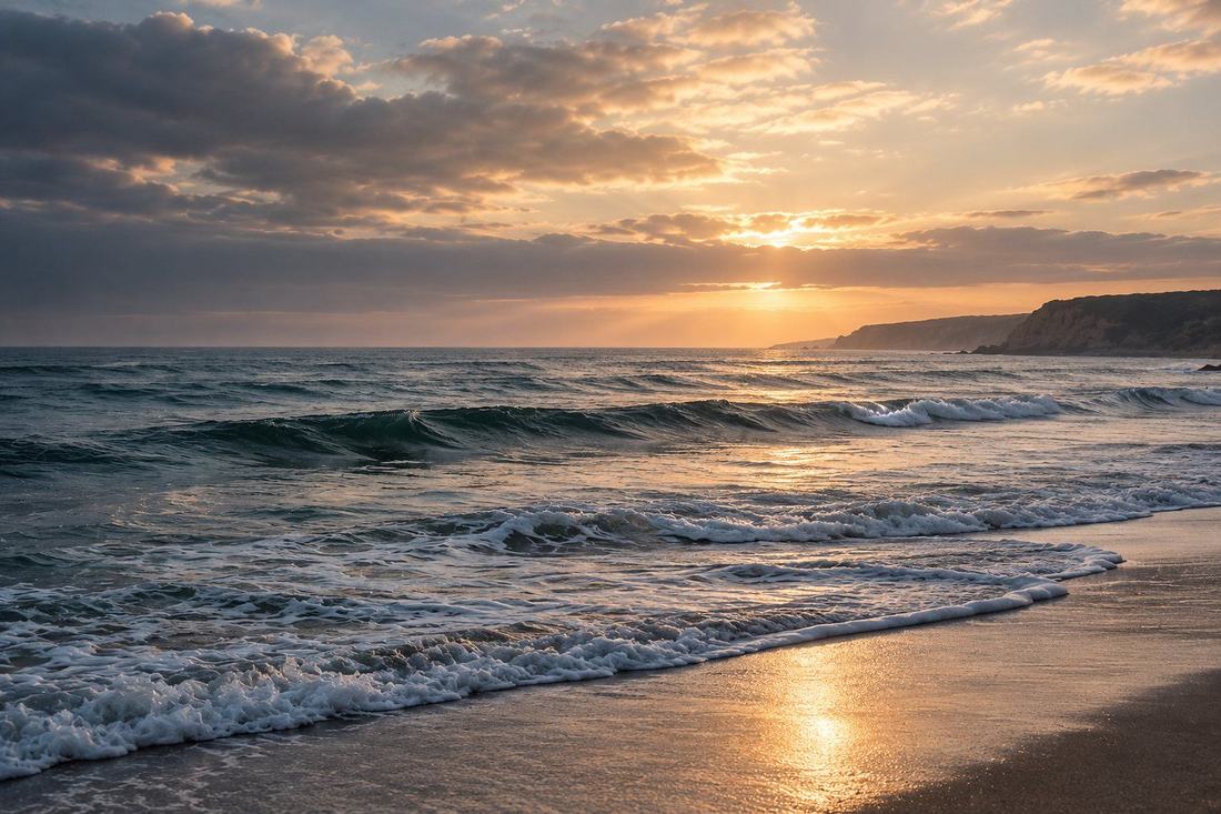 Gentle waves reaching the shore at dusk, with cliffs in the distance