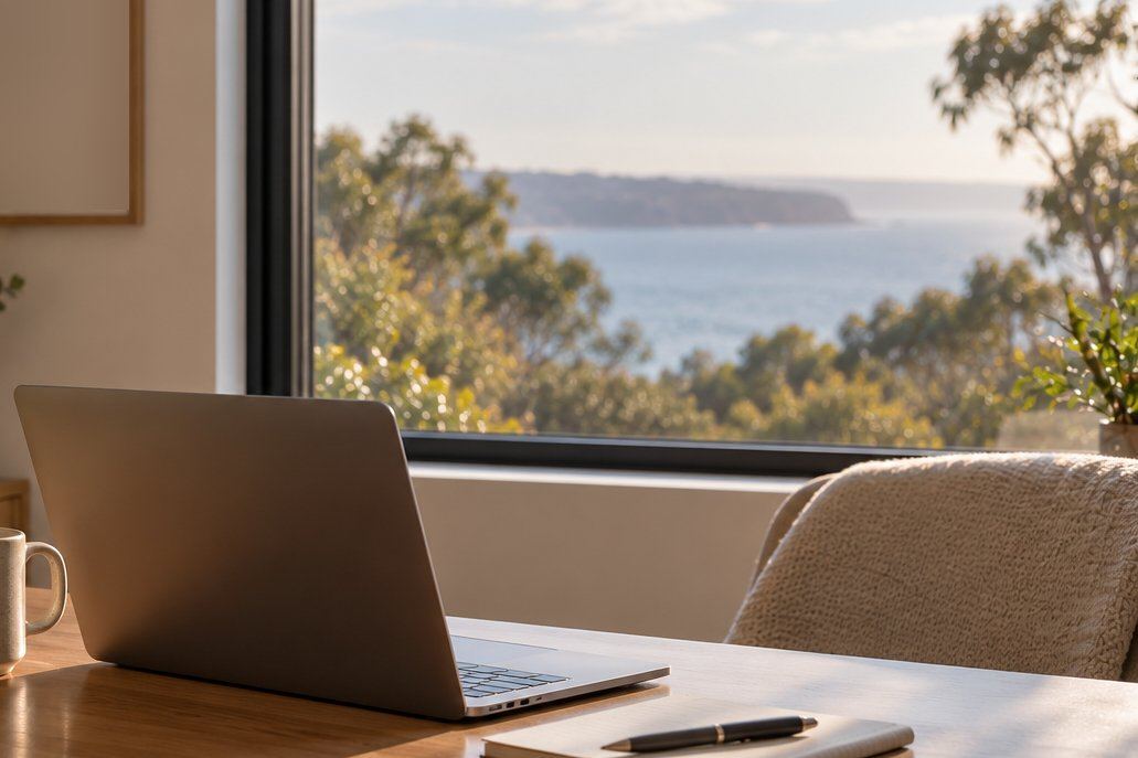 A laptop on a timber desk beside a window looking out over bushland and the bay